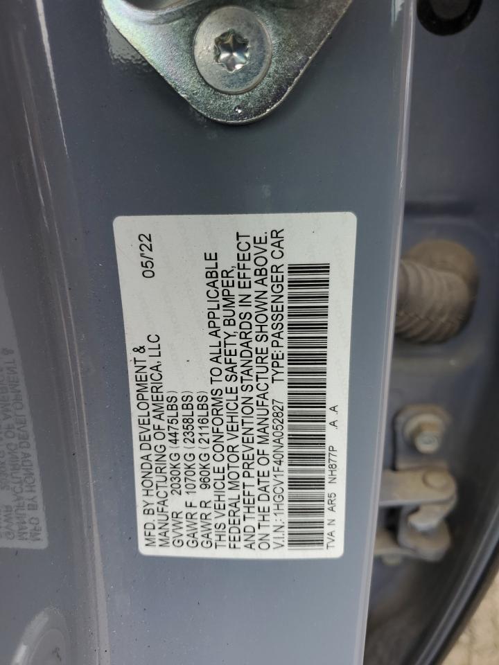 2022 Honda Accord Sport Se VIN: 1HGCV1F40NA052827 Lot: 81031445