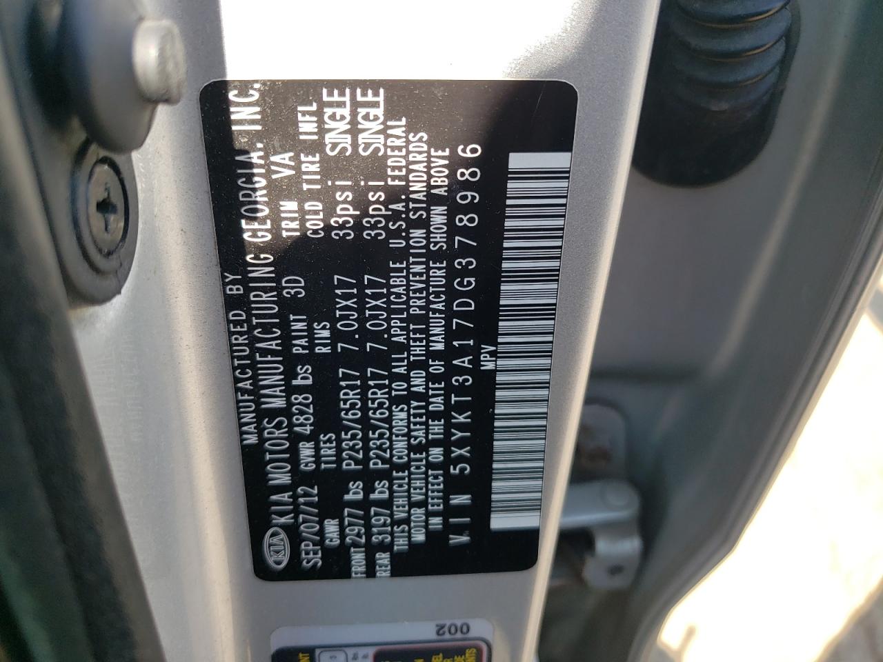 2013 Kia Sorento Lx VIN: 5XYKT3A17DG378986 Lot: 81555145