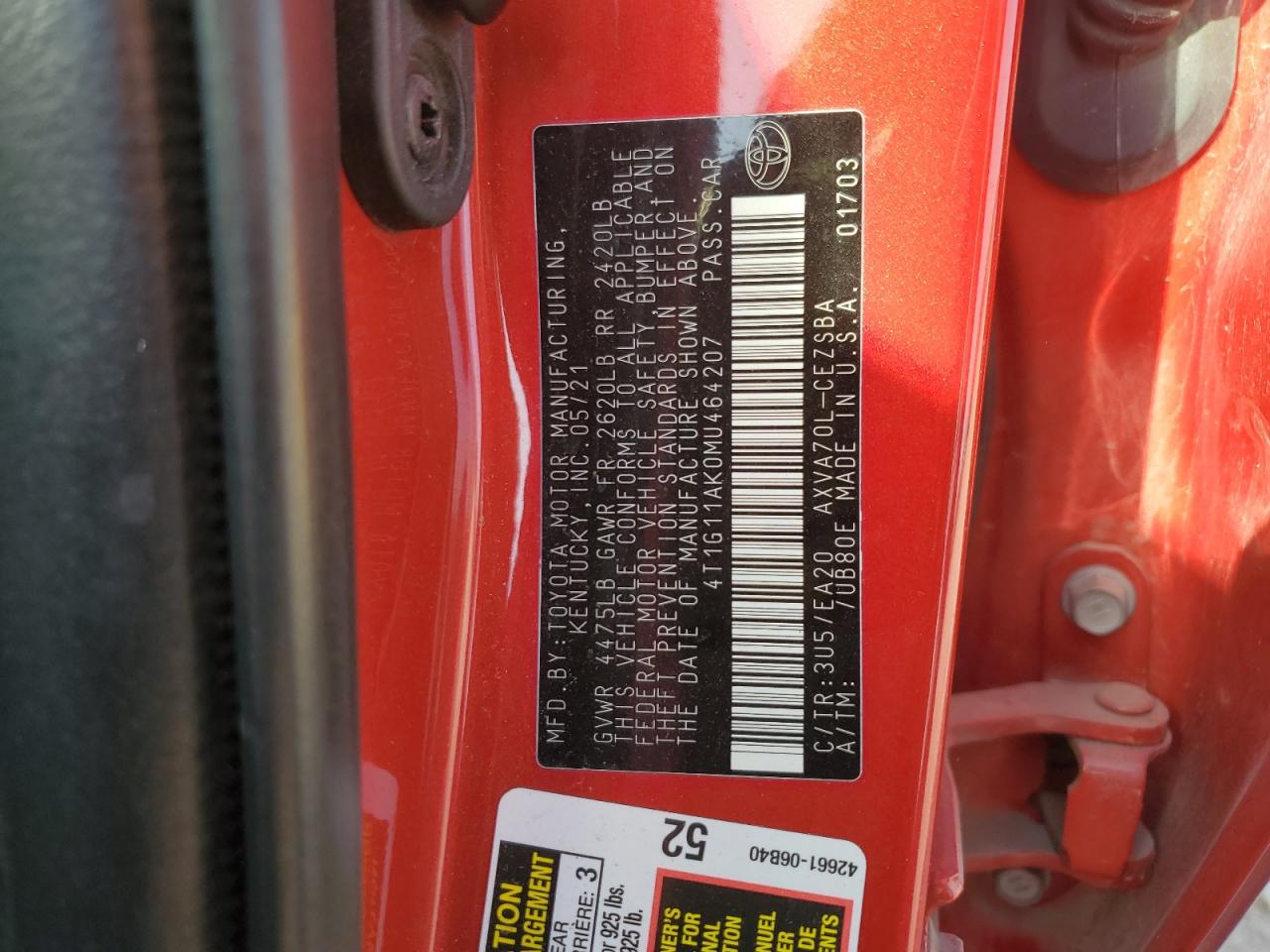 2021 Toyota Camry Se VIN: 4T1G11AK0MU464207 Lot: 83838235