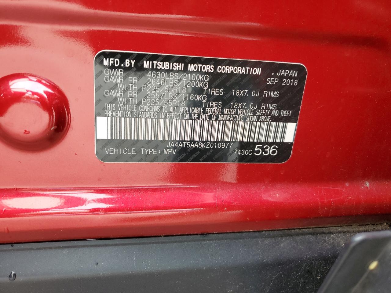 2019 Mitsubishi Eclipse Cross Se VIN: JA4AT5AA8KZ010977 Lot: 71824115