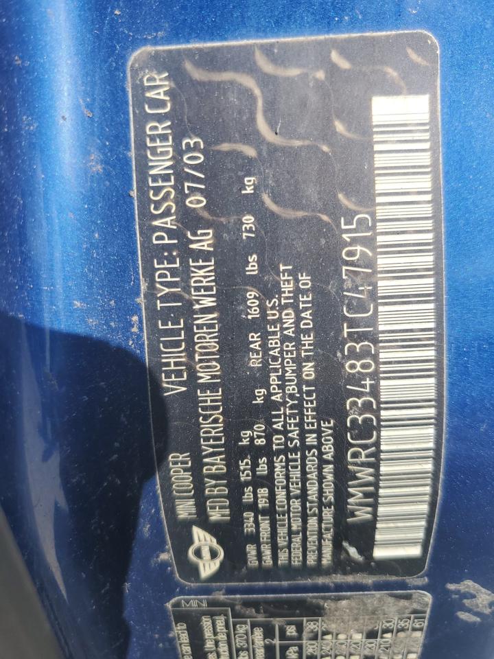 2003 Mini Cooper VIN: WMWRC33483TC47915 Lot: 81627165