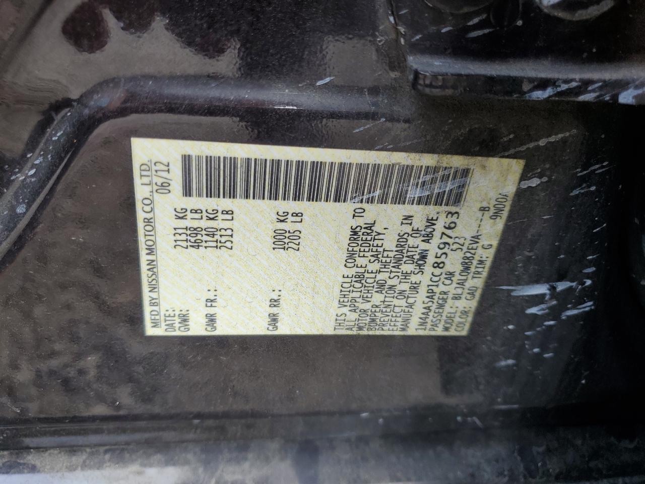 2012 Nissan Maxima S VIN: 1N4AA5AP1CC859763 Lot: 81642285