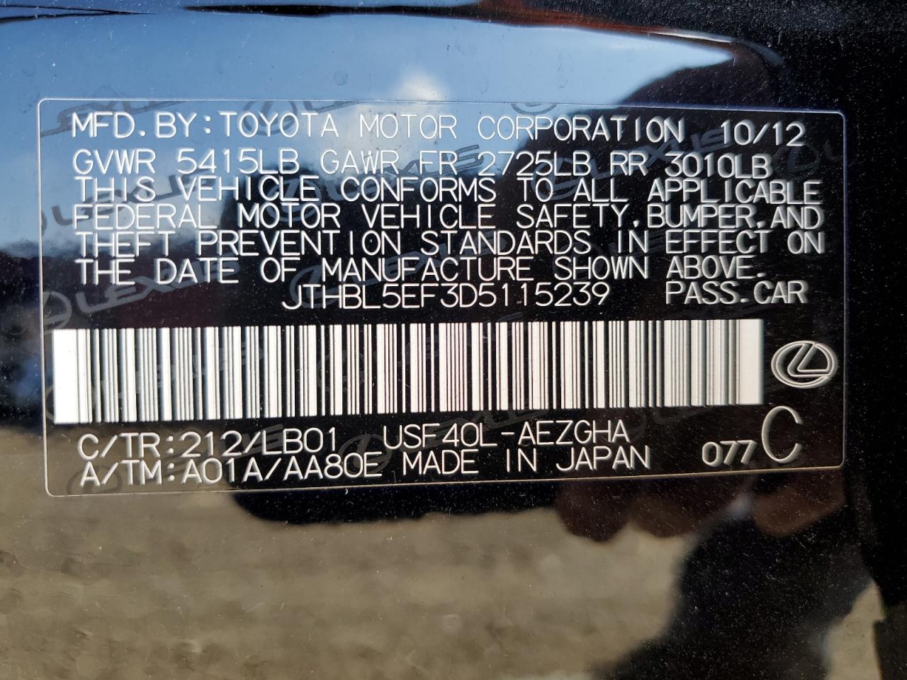 2013 Lexus Ls 460 VIN: JTHBL5EF3D5115239 Lot: 82045895