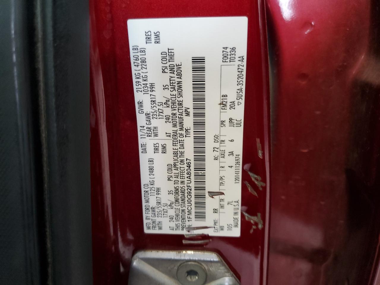 2015 Ford Escape Se VIN: 1FMCU0G92FUA80467 Lot: 72056895