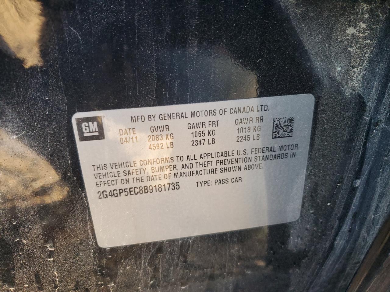 2011 Buick Regal Cxl VIN: 2G4GP5EC8B9181735 Lot: 84606545