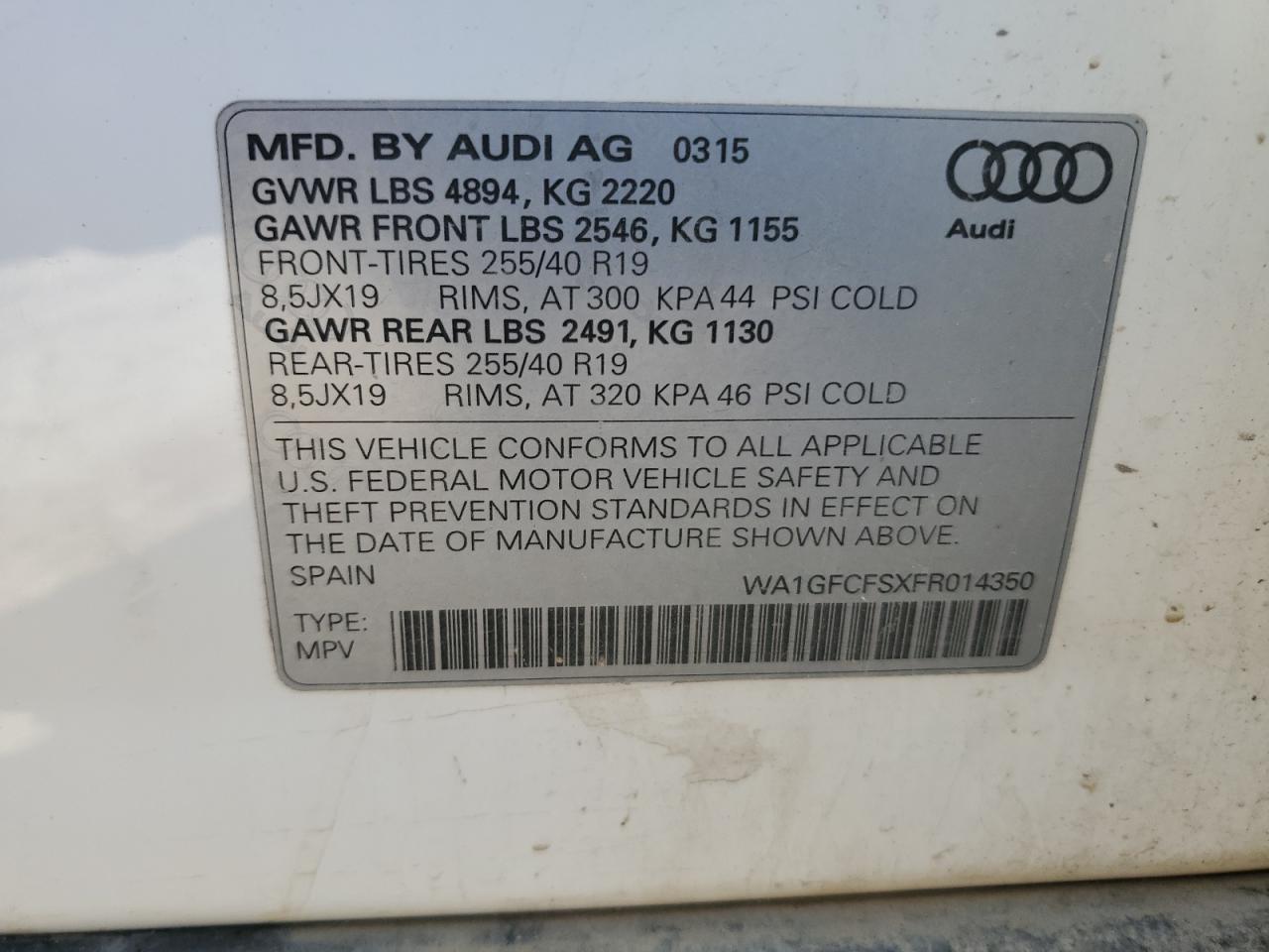 2015 Audi Q3 Prestige VIN: WA1GFCFSXFR014350 Lot: 81340755