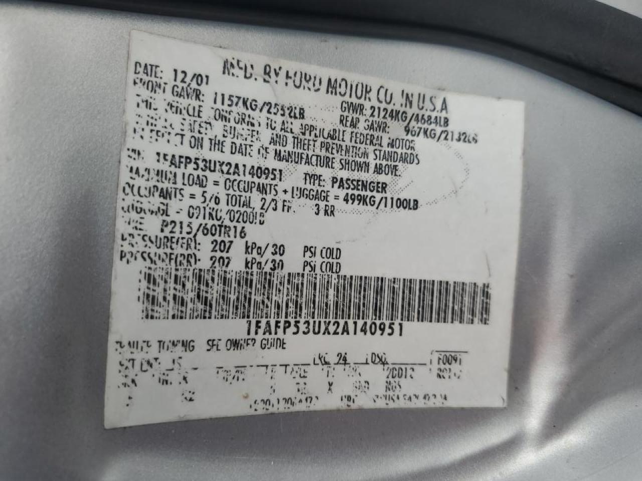 2002 Ford Taurus Se VIN: 1FAFP53UX2A140951 Lot: 81297395