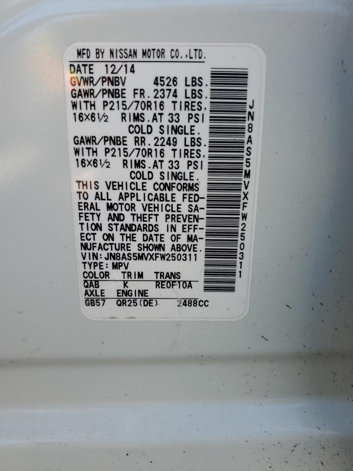 2015 Nissan Rogue Select S VIN: JN8AS5MVXFW250311 Lot: 81870025