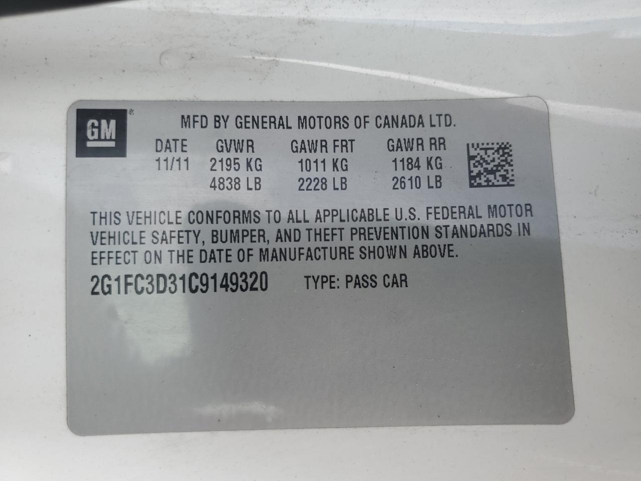2012 Chevrolet Camaro Lt VIN: 2G1FC3D31C9149320 Lot: 81119365