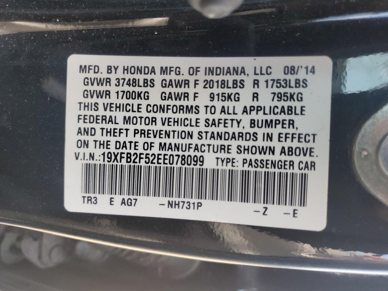 2014 Honda Civic Lx VIN: 19XFB2F52EE078099 Lot: 80487565