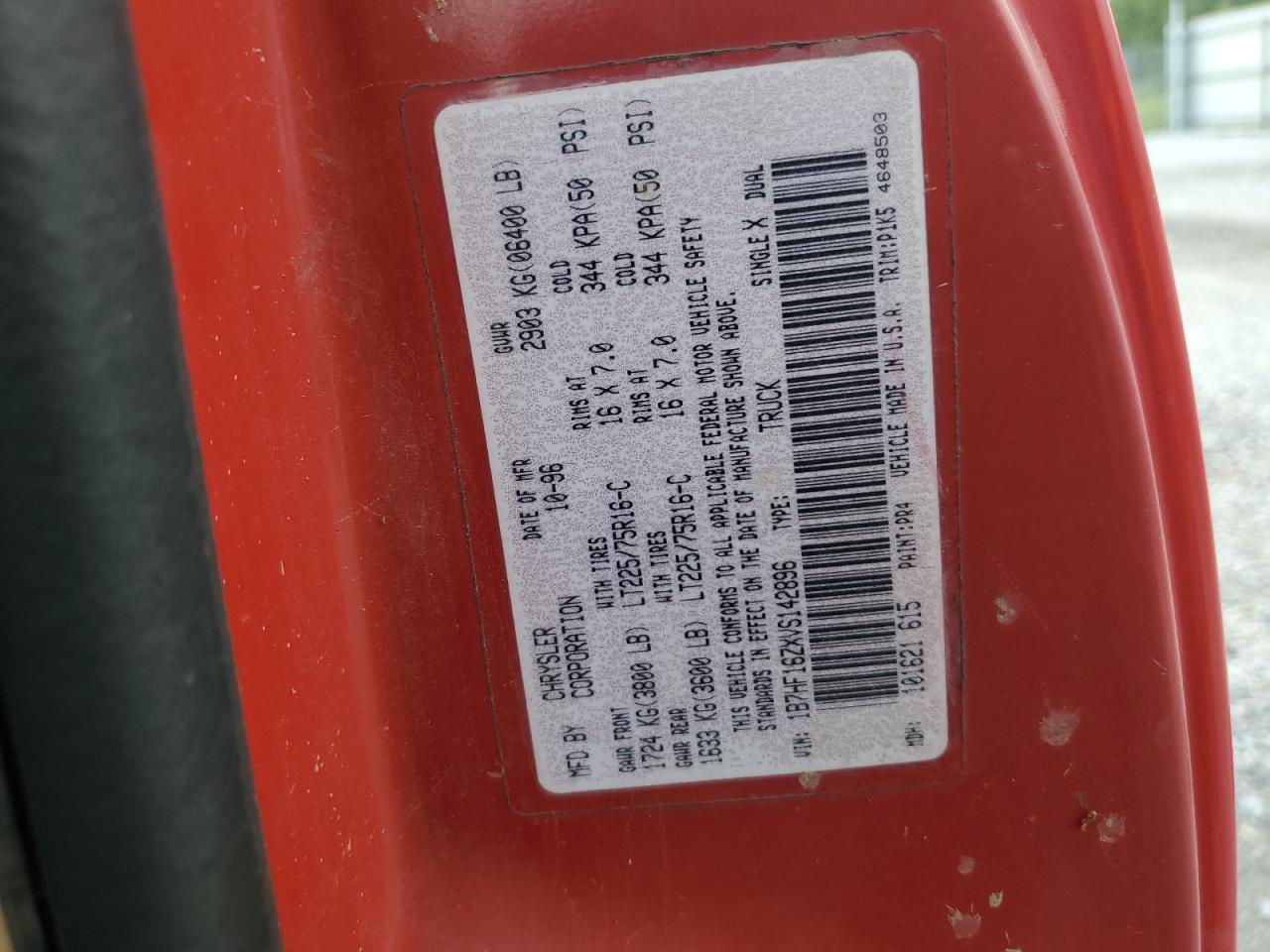 1997 Dodge Ram 1500 VIN: 1B7HF16ZXVS142896 Lot: 68548175