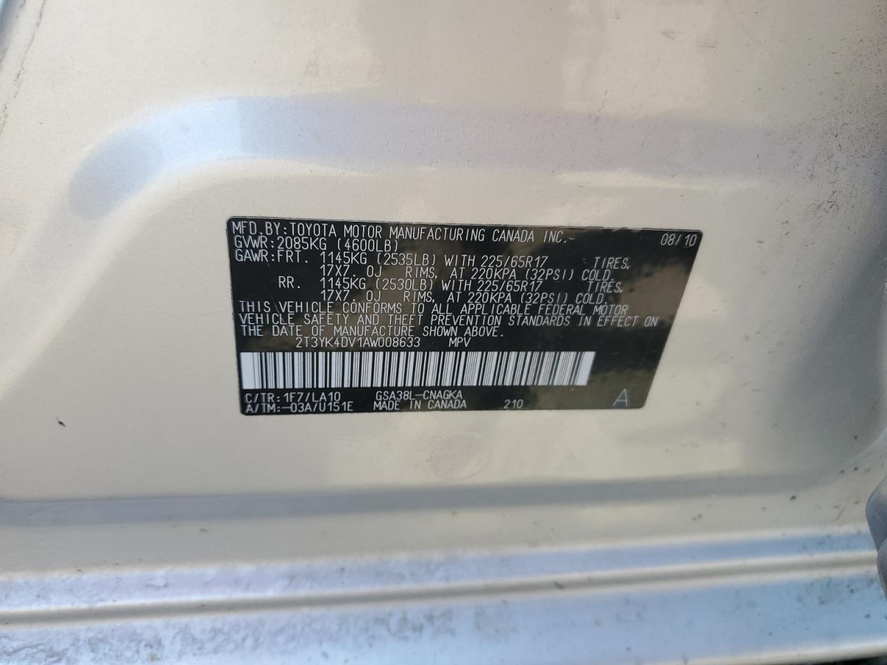 2010 Toyota Rav4 Limited VIN: 2T3YK4DV1AW008633 Lot: 71257245