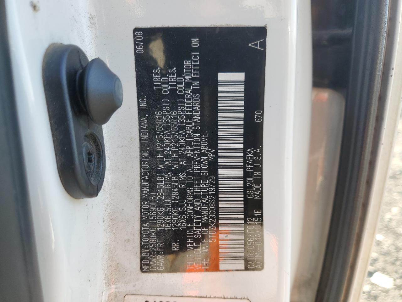 2008 Toyota Sienna Ce VIN: 5TDZK23C08S219729 Lot: 81409645