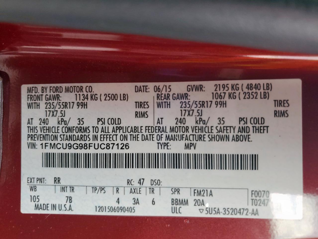 2015 Ford Escape Se VIN: 1FMCU9G98FUC87126 Lot: 81324645