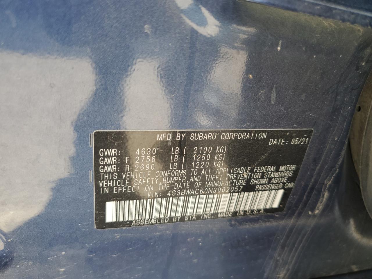 2022 Subaru Legacy Premium VIN: 4S3BWAC60N3002057 Lot: 84566895