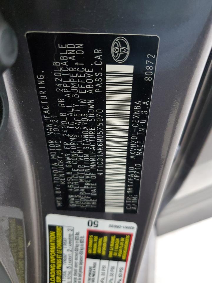 2022 Toyota Camry Le VIN: 4T1C31AK6NU575970 Lot: 83967945