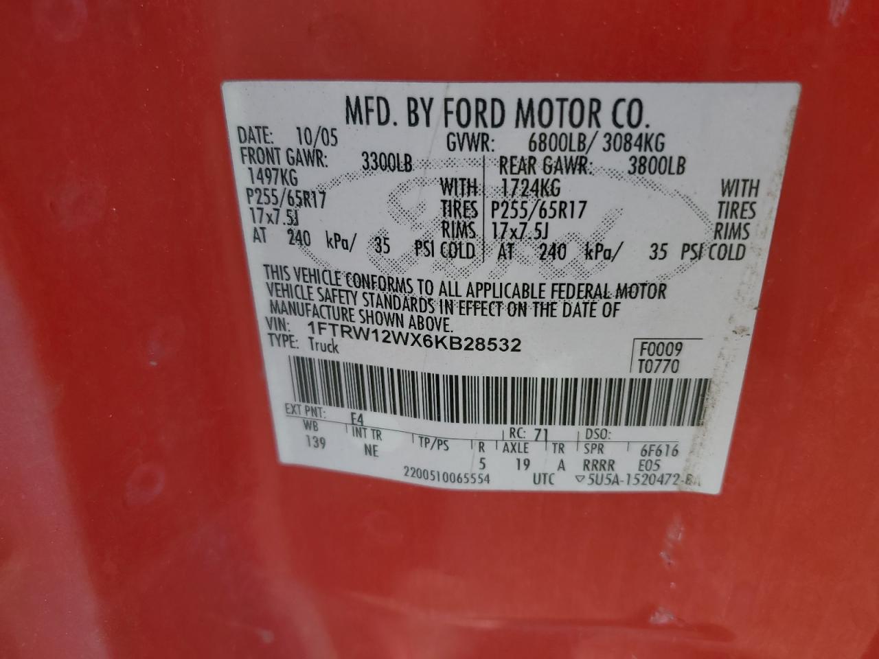 2006 Ford F150 Supercrew VIN: 1FTRW12WX6KB28532 Lot: 71475315