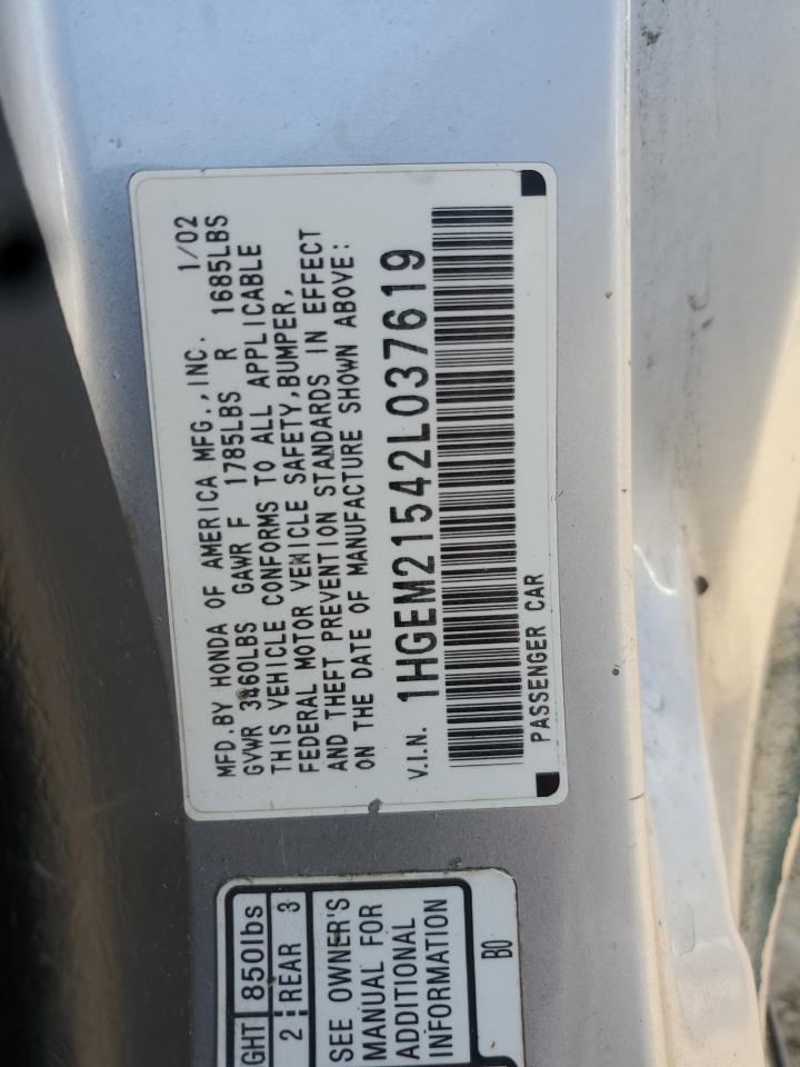 2002 Honda Civic Lx VIN: 1HGEM21542L037619 Lot: 71914595