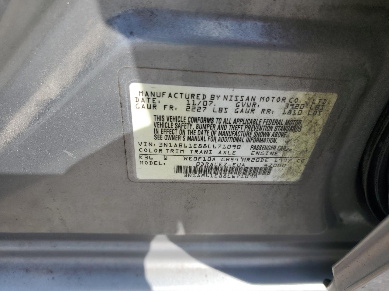 2008 Nissan Sentra 2.0 VIN: 3N1AB61E88L671090 Lot: 82067985