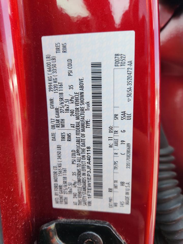 2018 Ford F150 Supercrew VIN: 1FTEW1EP3JFA40118 Lot: 80256795