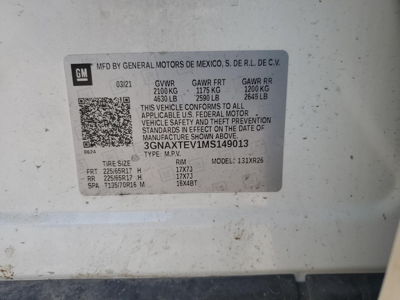 2021 Chevrolet Equinox Lt VIN: 3GNAXTEV1MS149013 Lot: 81084385