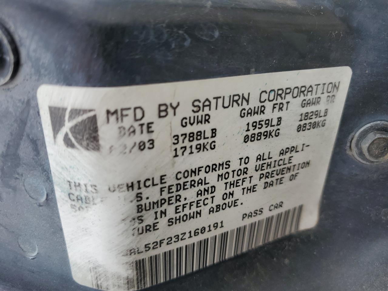 2003 Saturn Ion Level 3 VIN: 1G8AL52F23Z160191 Lot: 81159755