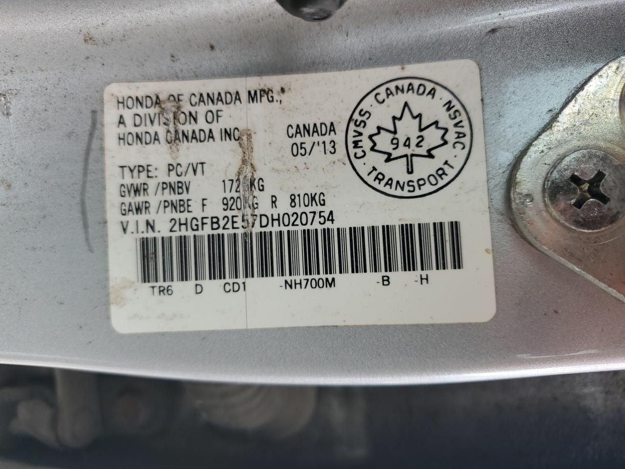 2013 Honda Civic Lx VIN: 2HGFB2E57DH020754 Lot: 71390215