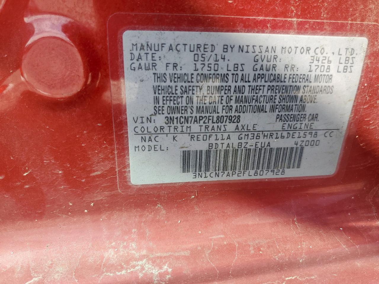 2015 Nissan Versa S VIN: 3N1CN7AP2FL807928 Lot: 70903425