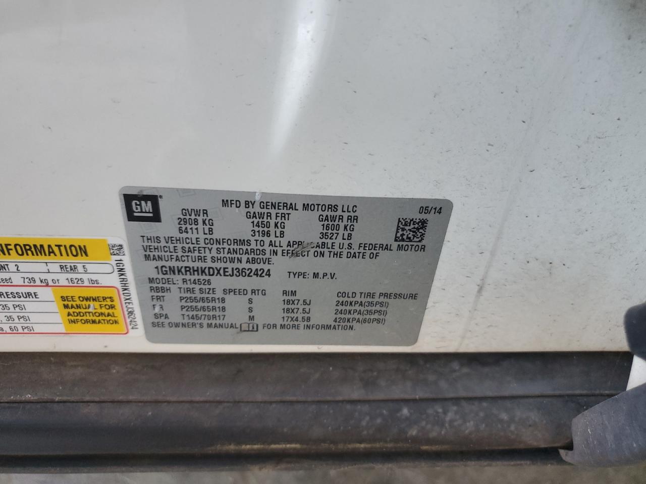 2014 Chevrolet Traverse Lt VIN: 1GNKRHKDXEJ362424 Lot: 71715005