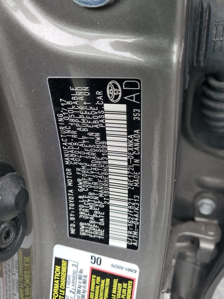 2017 Toyota Corolla L VIN: 2T1BURHE8HC831099 Lot: 83812085