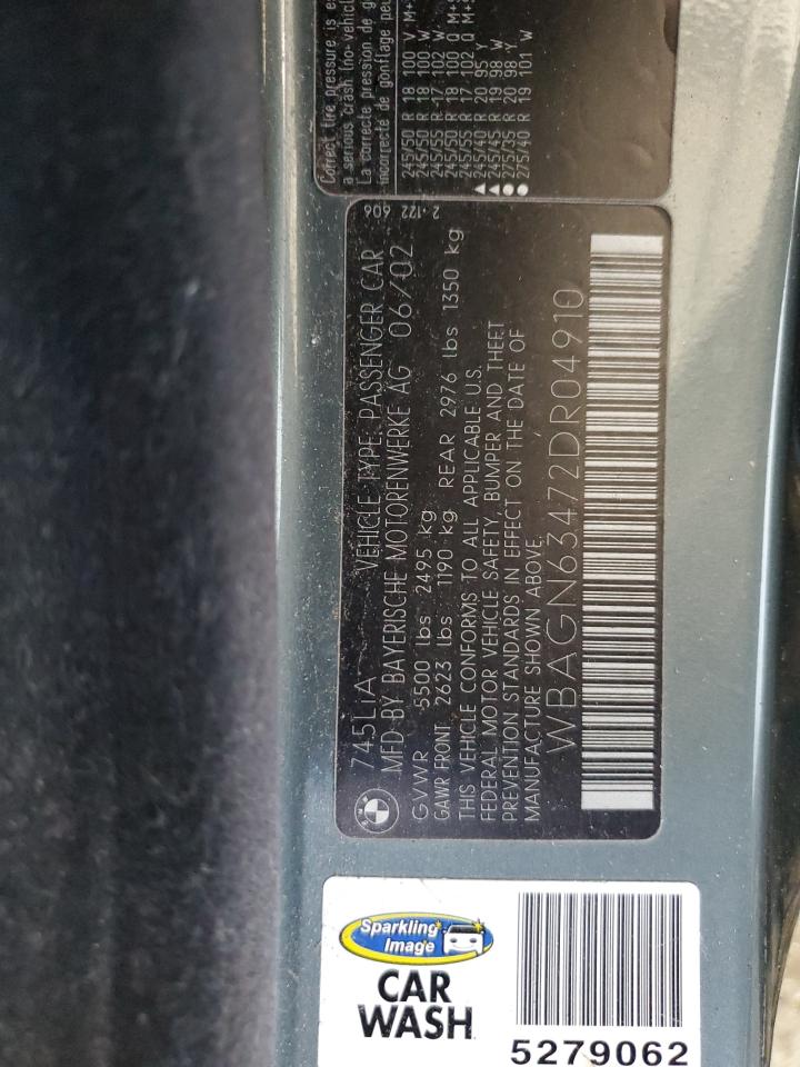 2002 BMW 745 Li VIN: WBAGN63472DR04910 Lot: 84754005