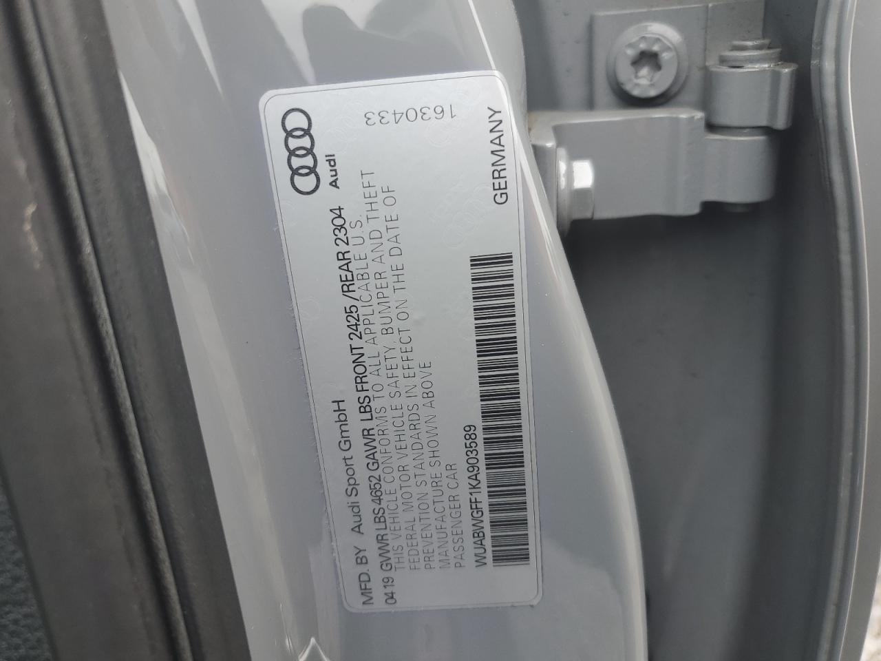 2019 Audi Rs3 VIN: WUABWGFF1KA903589 Lot: 72053835