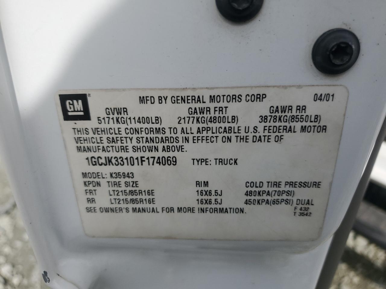 2001 Chevrolet Silverado K3500 VIN: 1GCJK33101F174069 Lot: 81846285