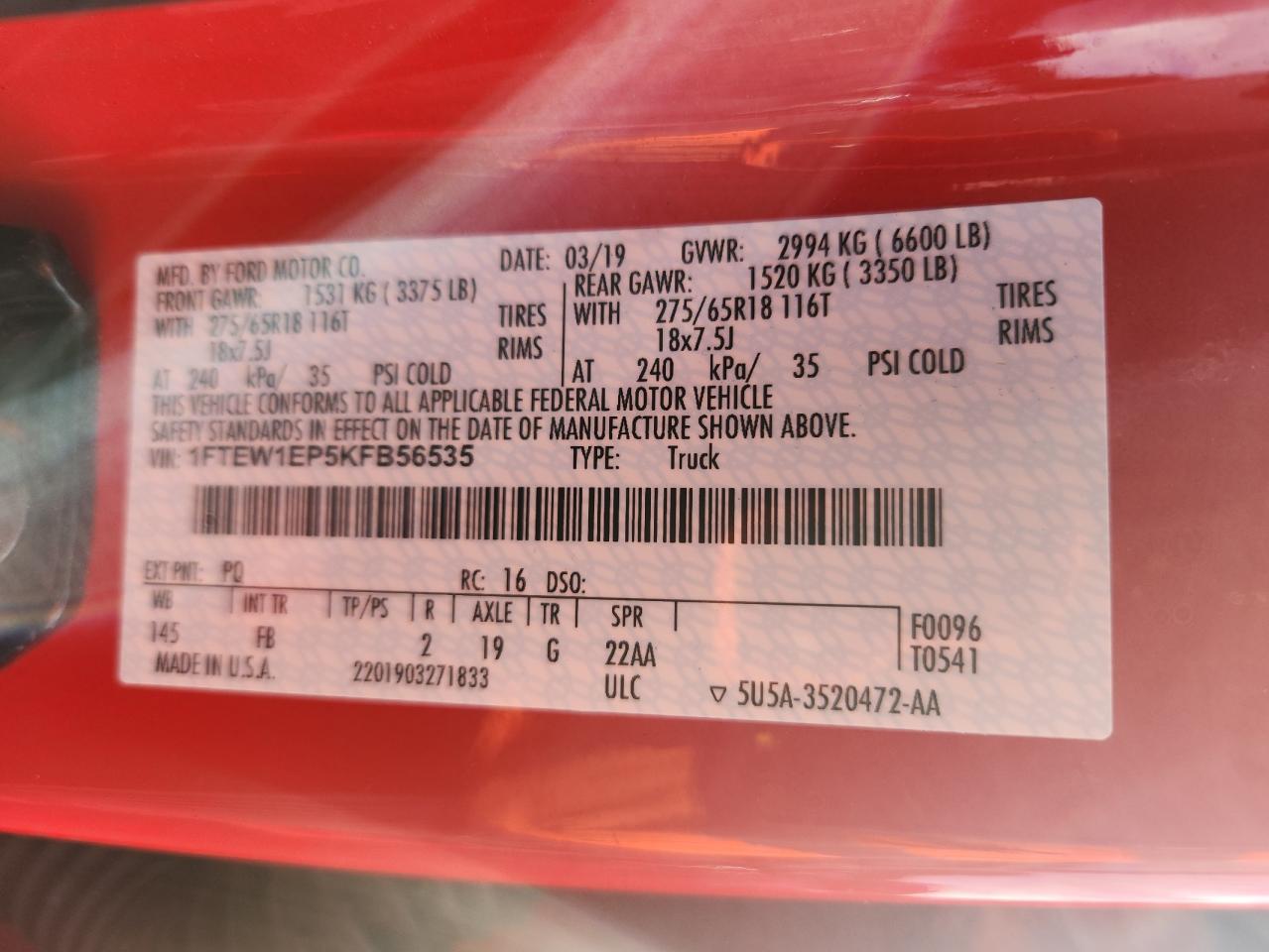 2019 Ford F150 Supercrew VIN: 1FTEW1EP5KFB56535 Lot: 81827235