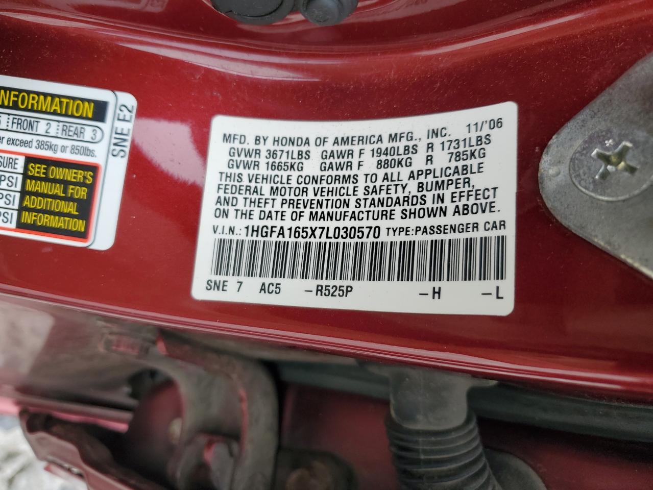 2007 Honda Civic Lx VIN: 1HGFA165X7L030570 Lot: 84609615