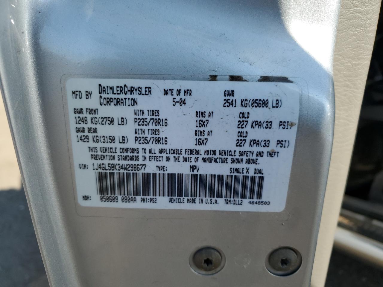 2004 Jeep Liberty Limited VIN: 1J4GL58K34W298677 Lot: 71224265