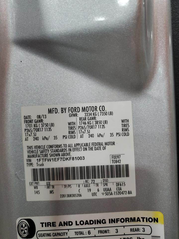 2013 Ford F150 Supercrew VIN: 1FTFW1EF7DKF81003 Lot: 81387235