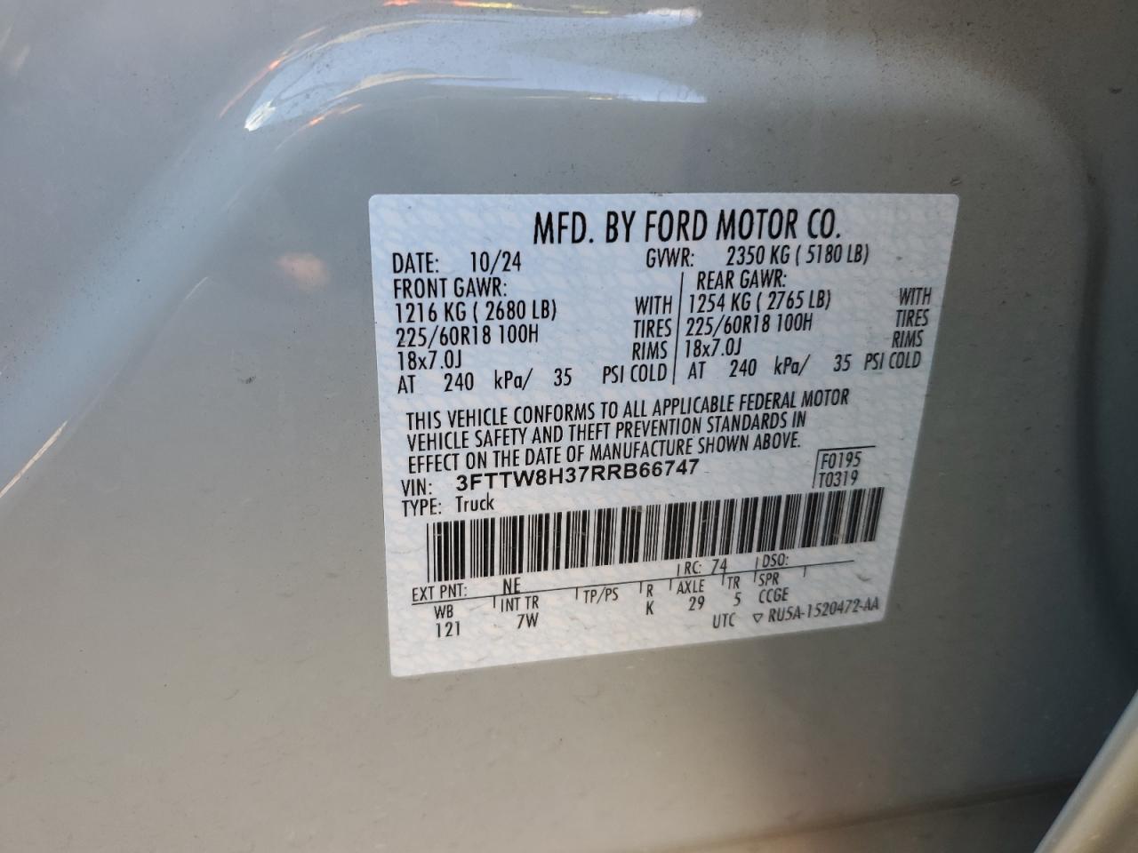 2024 Ford Maverick Xlt VIN: 3FTTW8H37RRB66747 Lot: 81055515