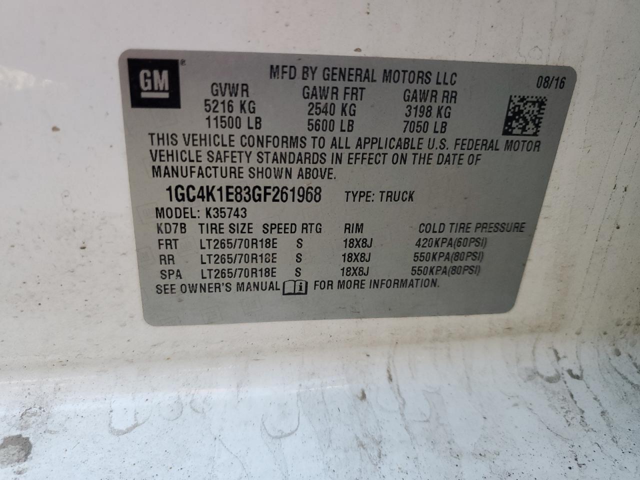 2016 Chevrolet Silverado K3500 High Country VIN: 1GC4K1E83GF261968 Lot: 81427435