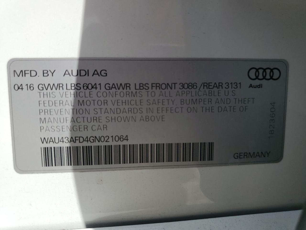 2016 Audi A8 L Quattro VIN: WAU43AFD4GN021064 Lot: 84246295