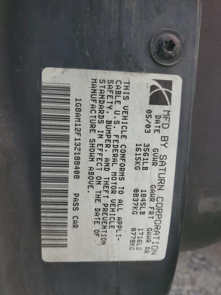 2003 Saturn Ion Level 2 VIN: 1G8AM12F13Z188408 Lot: 72055255