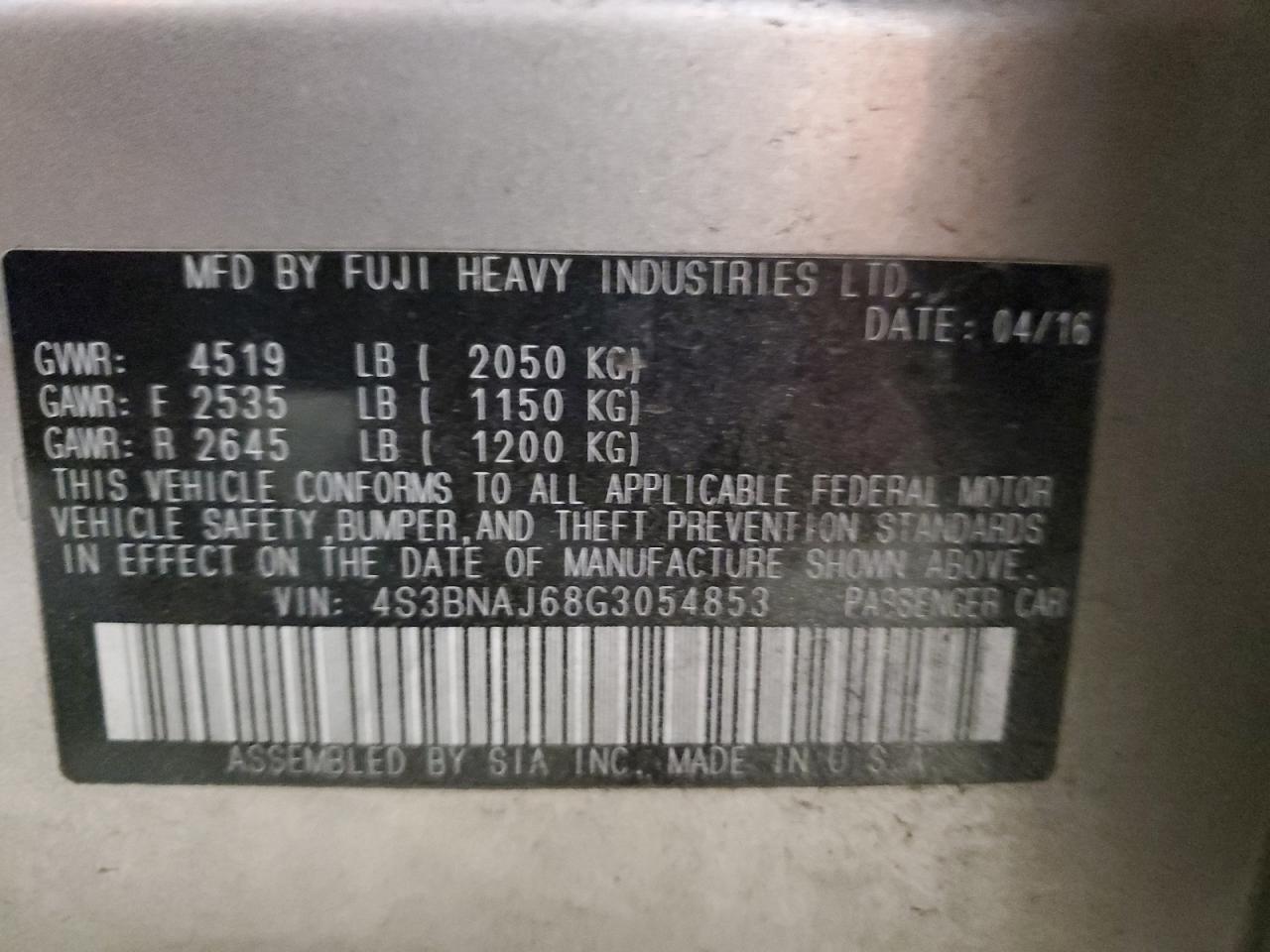 2016 Subaru Legacy 2.5I Limited VIN: 4S3BNAJ68G3054853 Lot: 80855465