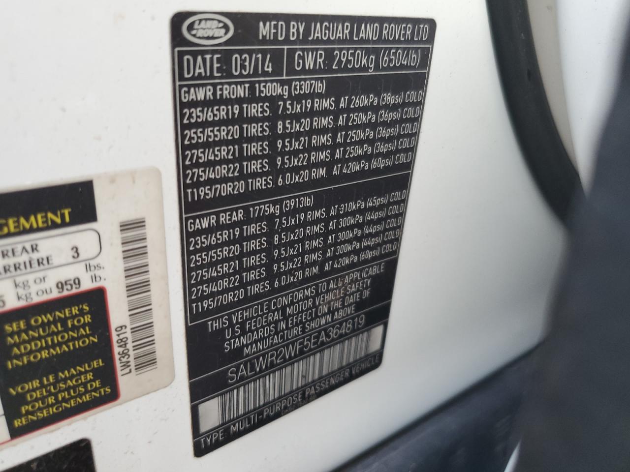 2014 Land Rover Range Rover Sport Hse VIN: SALWR2WF5EA364819 Lot: 81806185