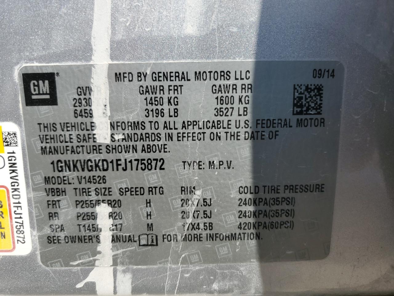 2015 Chevrolet Traverse Lt VIN: 1GNKVGKD1FJ175872 Lot: 71963535