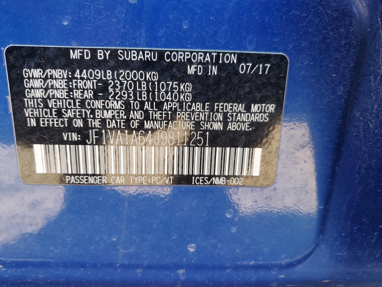 2018 Subaru Wrx VIN: JF1VA1A64J9811251 Lot: 81676975