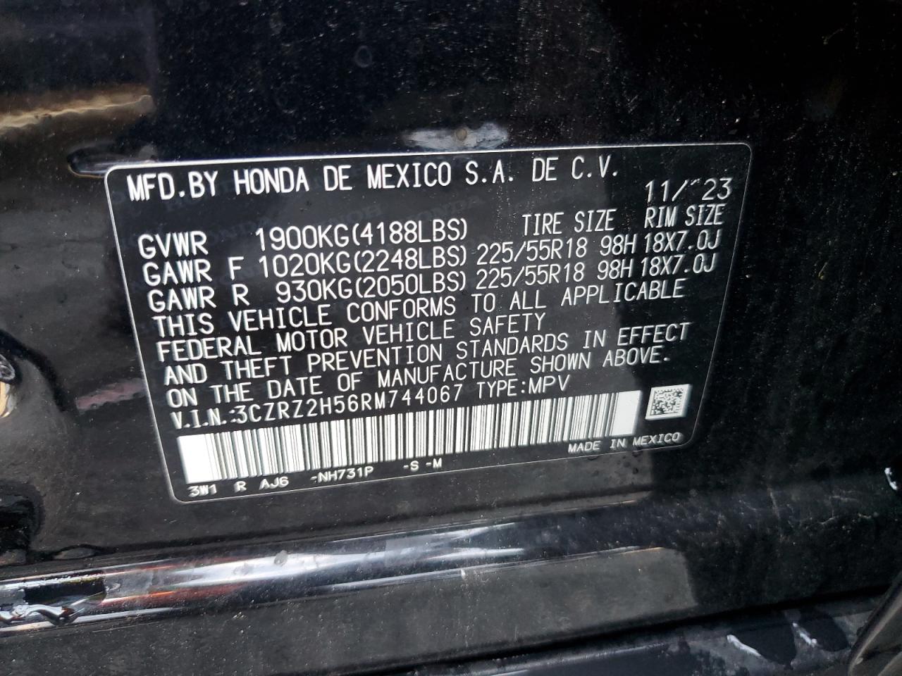 2024 Honda Hr-V Sport VIN: 3CZRZ2H56RM744067 Lot: 80346715