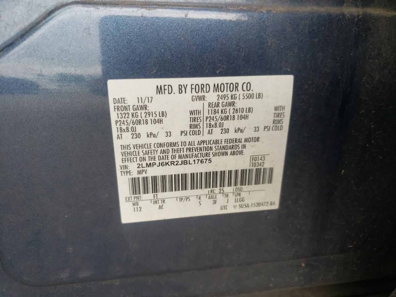 2018 Lincoln Mkx Select VIN: 2LMPJ6KR2JBL17675 Lot: 80202975