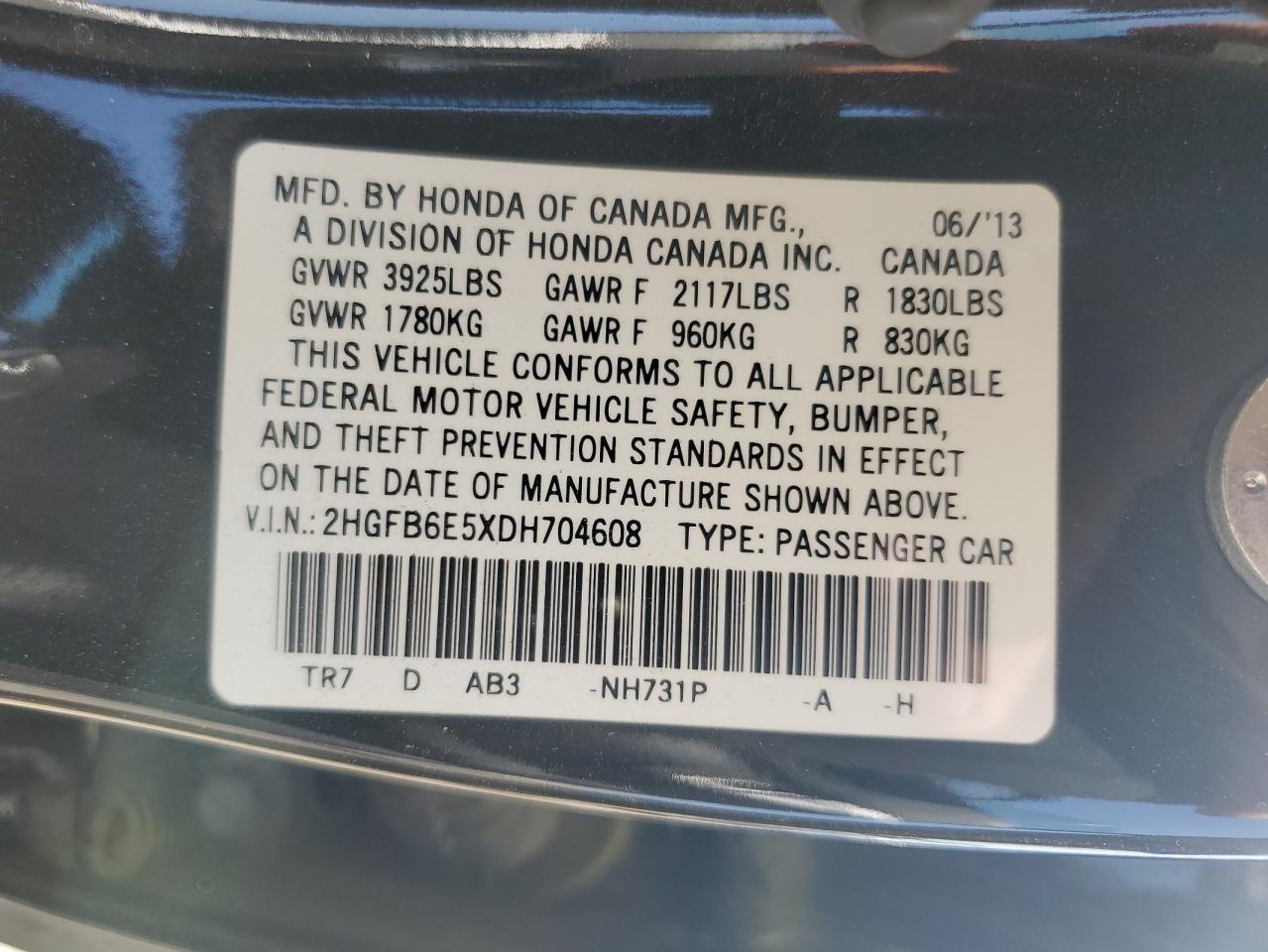 2013 Honda Civic Si VIN: 2HGFB6E5XDH704608 Lot: 71873595