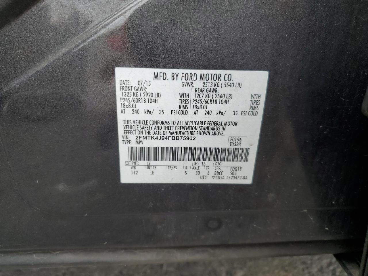 2015 Ford Edge Sel VIN: 2FMTK4J94FBB75902 Lot: 84032085