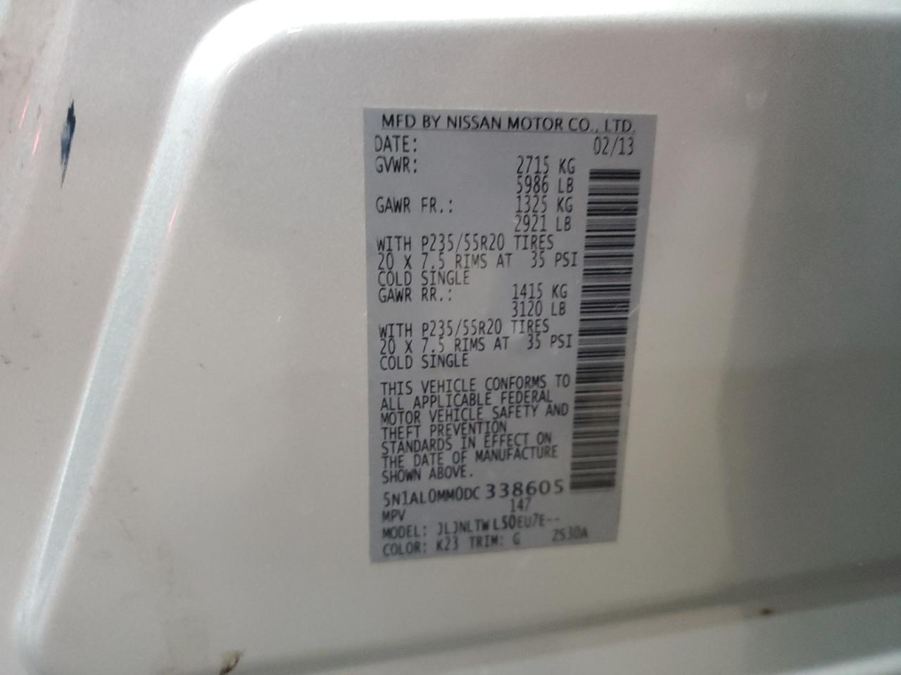 2013 Infiniti Jx35 VIN: 5N1AL0MM0DC338605 Lot: 84068345